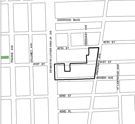 41st/King TIF district, roughly bounded on the north by 40th Street, Bowen Avenue on the south, Vincennes Avenue on the east, and King Drive on the west.
